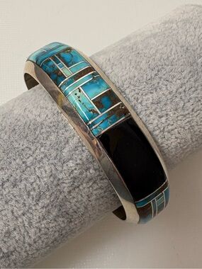Jerry T. Nelson Stamped Sterling Silver & Turquoise Inlay Cuff Bracelet